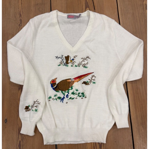jcpenney Sweaters - Vintage JCPenney Pheasant Embroidered Sweater White V-Neck Hunting‎ Grandpa Core